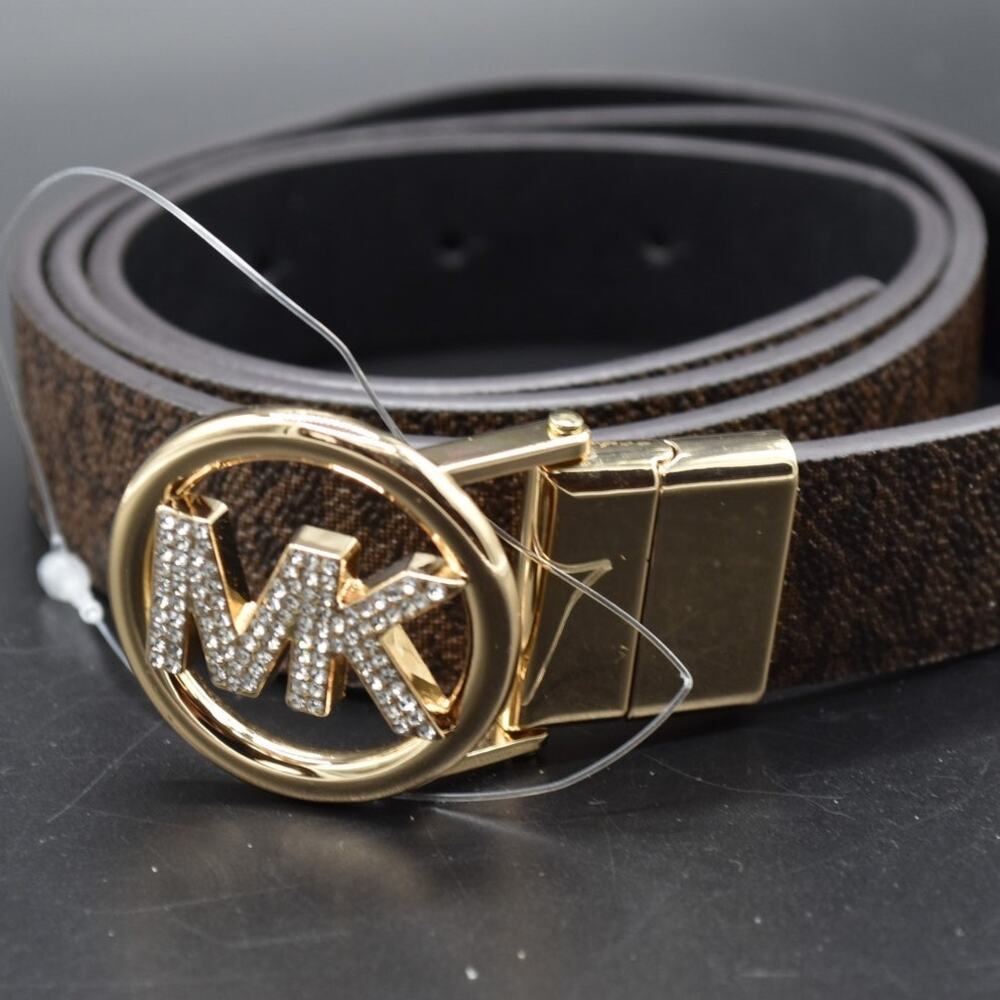 Michael Kors Women's MK Pave Crystal Logo Belt Reversible (33.5"-37.5" Waist)
